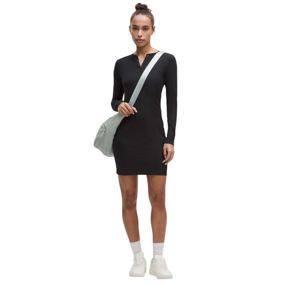 Lululemon Women's Black All Aligned Ribbed Long Sleeve Henley Dress Size 10